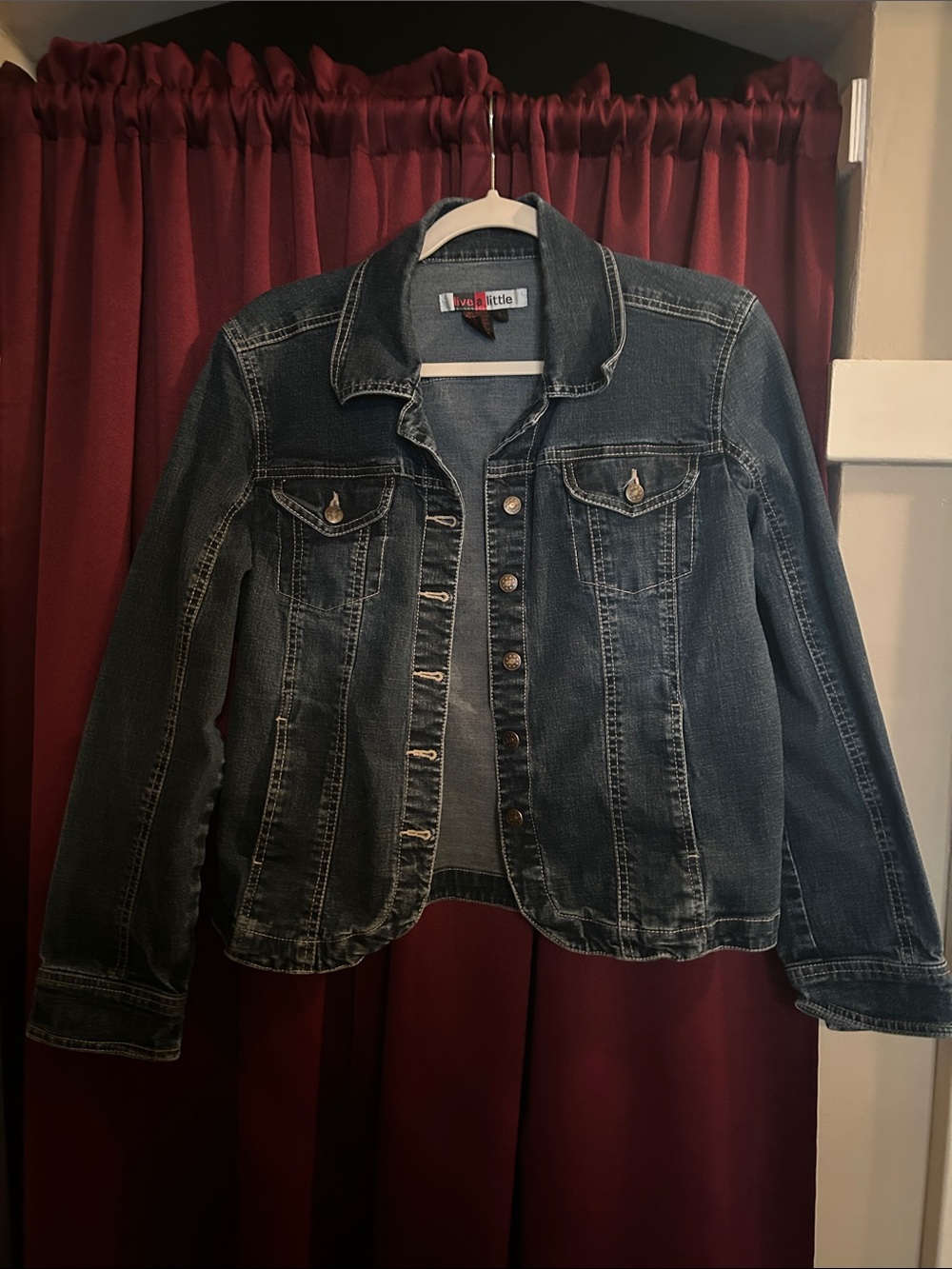 Live a Little Dark Blue Denim Jacket with Contrast Stitching & Front Pockets L